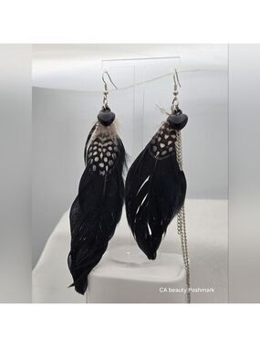 ✨2/$10✨ Handmade Asymmetrical Long Black Feather Earrings Metal Leaf Boho